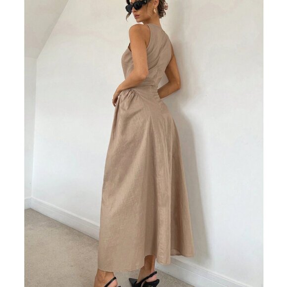 Hollow Front Cinched Waist A-Line Side Ruched Maxi Dress tan - Picture 6 of 7